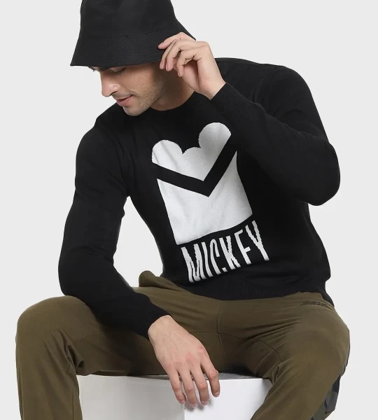 Men's Black Mickey Typography Flat Knit Sweater