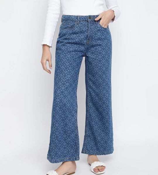 Women's Blue Printed Wide Leg Jeans