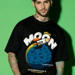 Men's Black Chandrayaan 3 Hello Moon Graphic Printed Oversized T-shirt