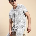 Men's Cream All Over Printed Slim Fit Co-ordinates