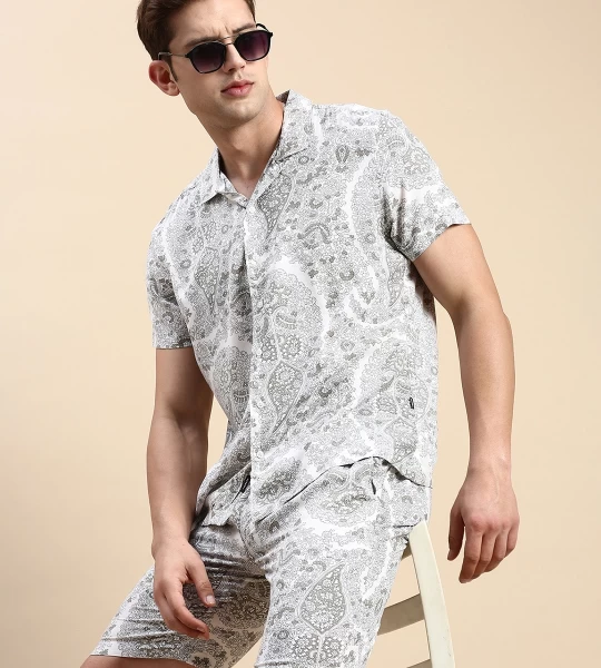 Men's Cream All Over Printed Slim Fit Co-ordinates