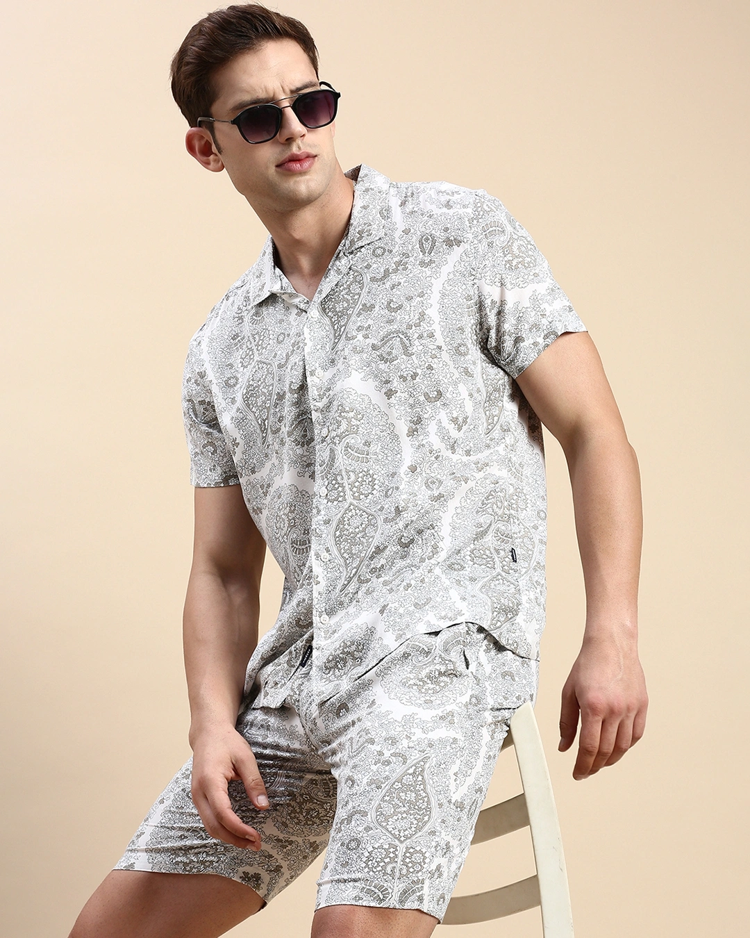 Men's Cream All Over Printed Slim Fit Co-ordinates