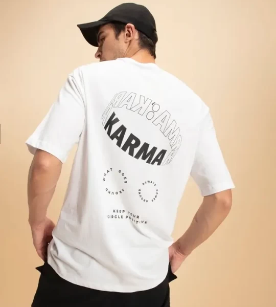 Men's White Karma Circles Typography Oversized T-shirt
