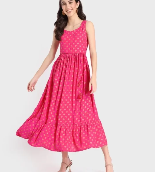 Women's Pink Printed Sleeveless Ethnic Dress