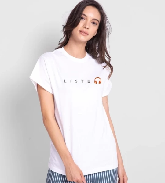 Women's-White-Keep-Listening-Typography-Boyfriend T-shirt