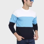Men's Blue & White Color Block Flat Knit Sweater