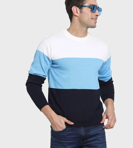 Men's Blue & White Color Block Flat Knit Sweater