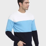 Men's Blue & White Color Block Flat Knit Sweater