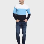 Men's Blue & White Color Block Flat Knit Sweater