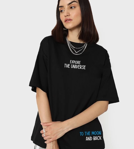 Women's Black Space X Graphic Printed Oversized T-shirt