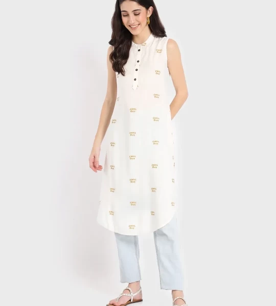 Women's White All Over Chill Out Printed Long Kurta