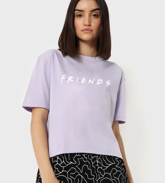 Women's Lavender Friends Logo Typography Oversized Short Top