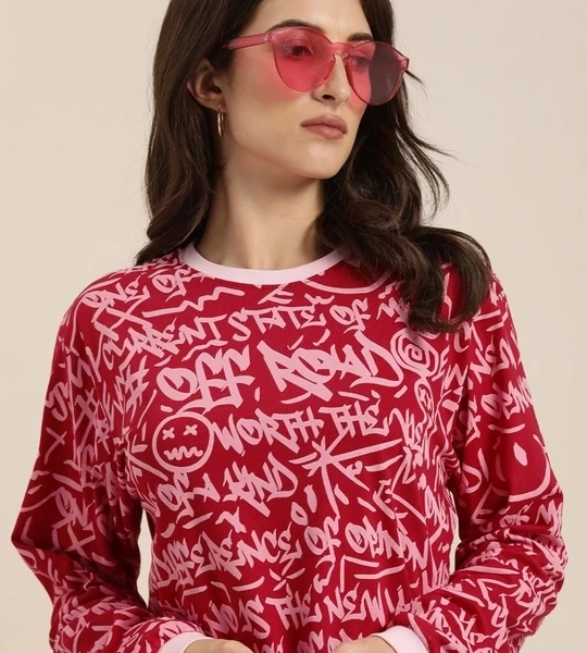 Women's Red Graphic Oversized T-Shirt