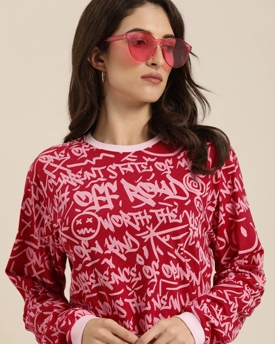 Women's Red Graphic Oversized T-Shirt
