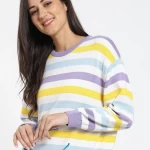 Women's White Striped Flat Knit Sweater