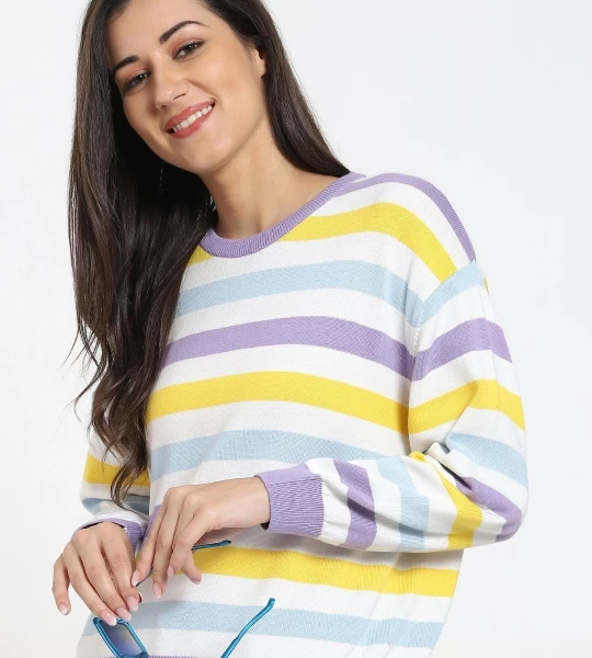 Women's White Striped Flat Knit Sweater