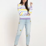 Women's White Striped Flat Knit Sweater
