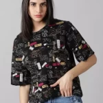 Women Printed Round Neck Pure Cotton Black T-Shirt
