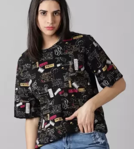 Women Printed Round Neck Pure Cotton Black T-Shirt